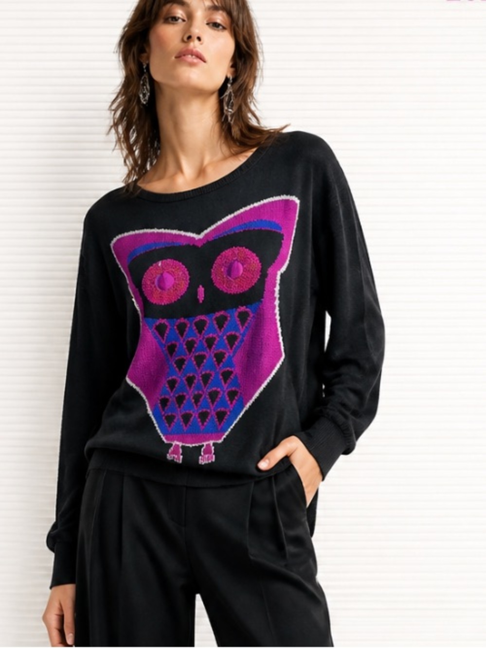 CYNTHIA ROWLEY Owl Sweater Pullover Cotton Crewneck Sequins Black Pink Small